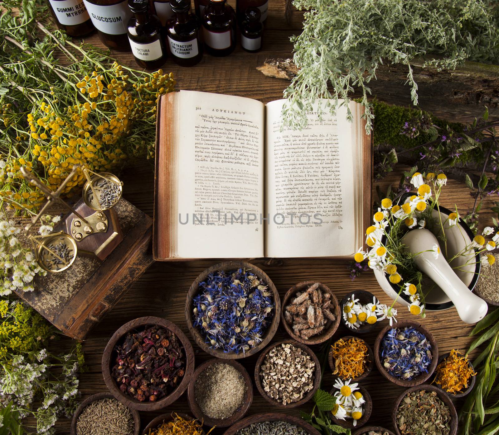 Herbal medicine on wooden desk background by JanPietruszka