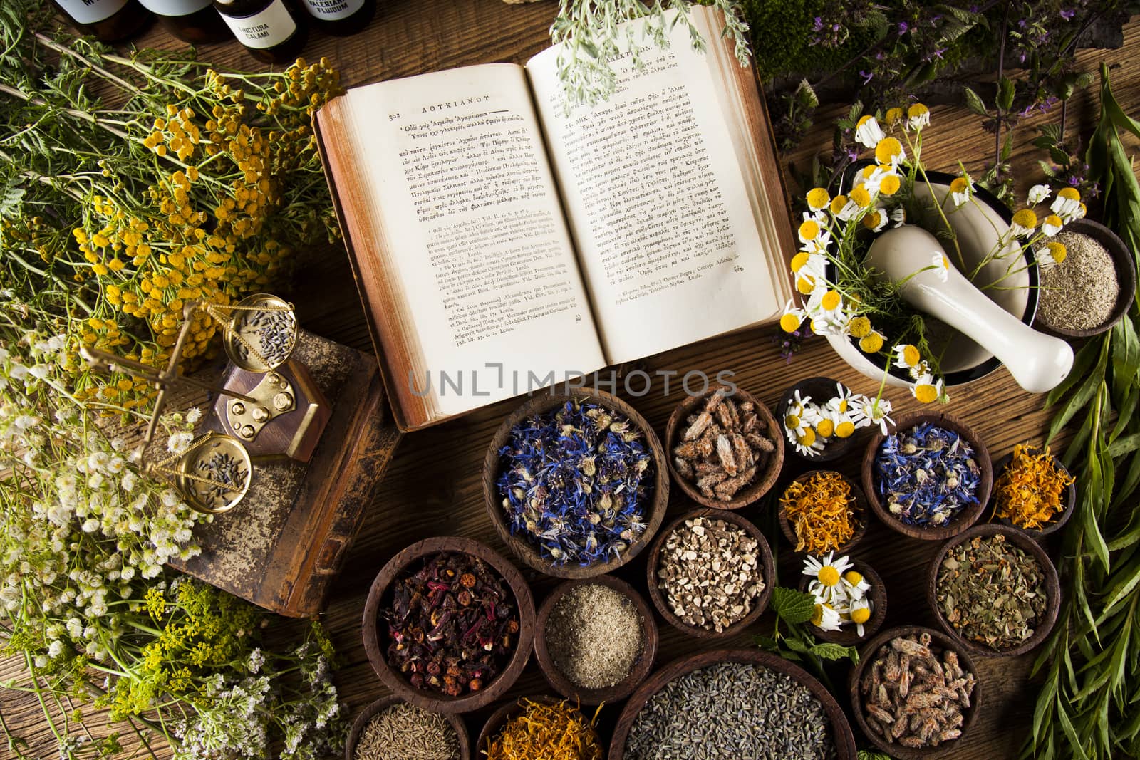 Natural medicine on wooden table background