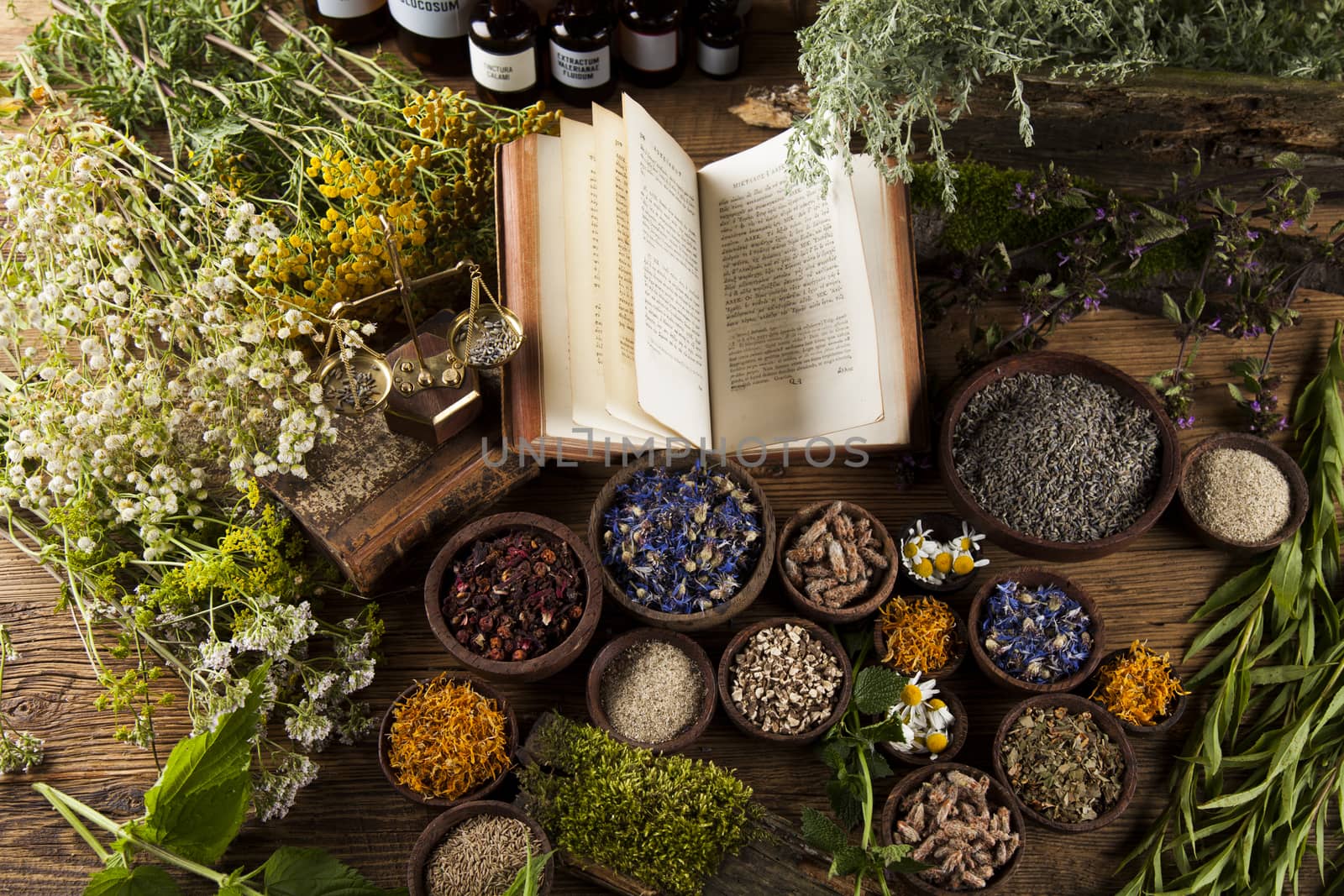 Book and Herbal medicine on wooden table background by JanPietruszka