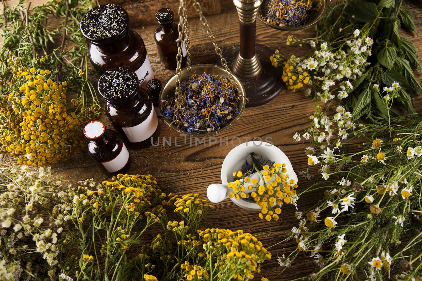 Book and Herbal medicine on wooden table background