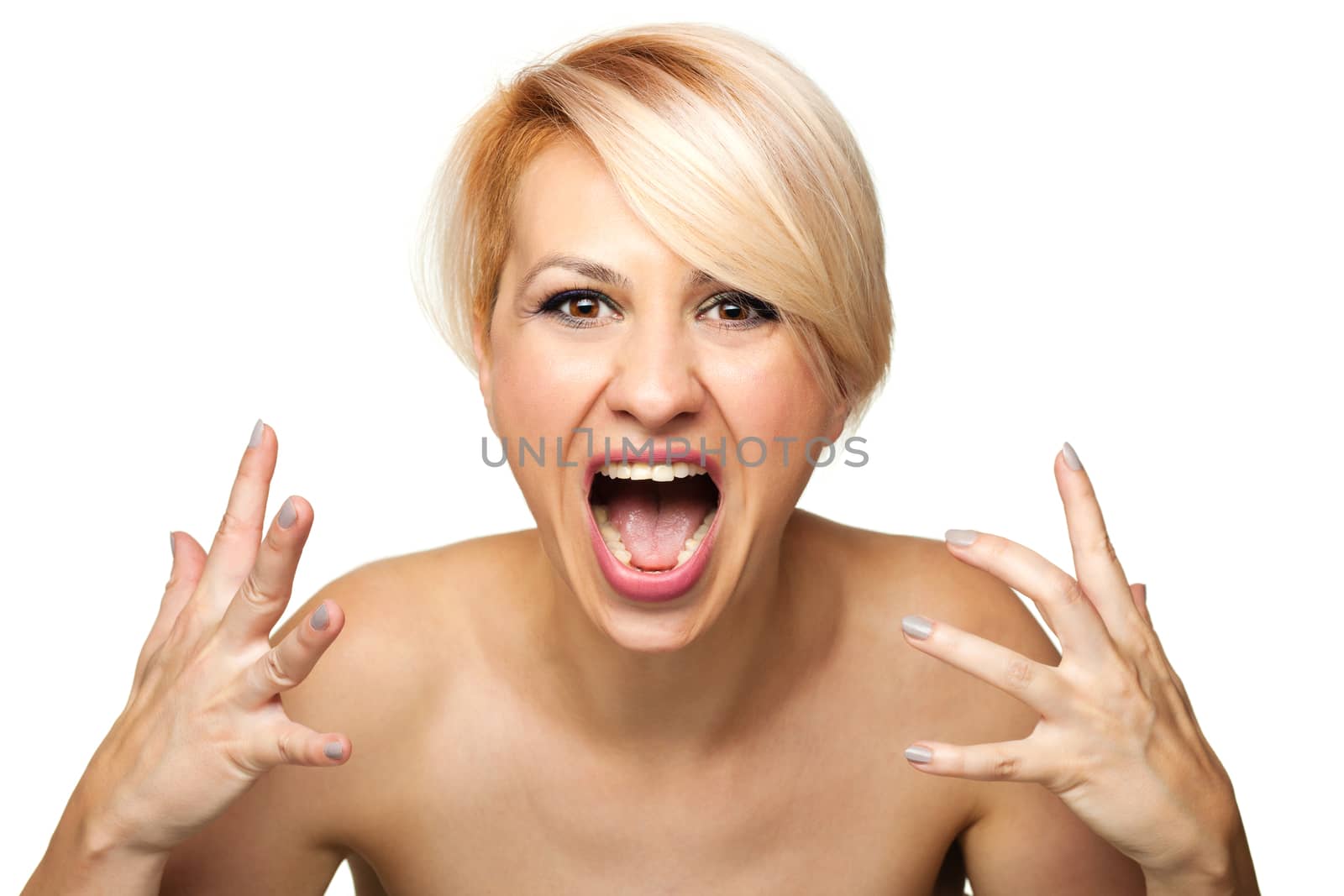 blond girl with short hair screaming and making angry gesture with hands