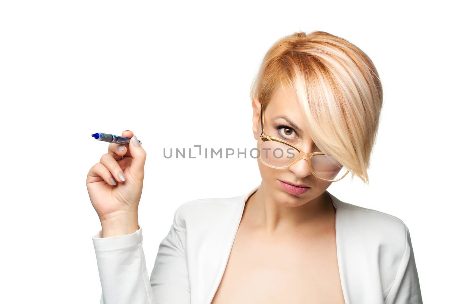 blond girl with a pen by kokimk