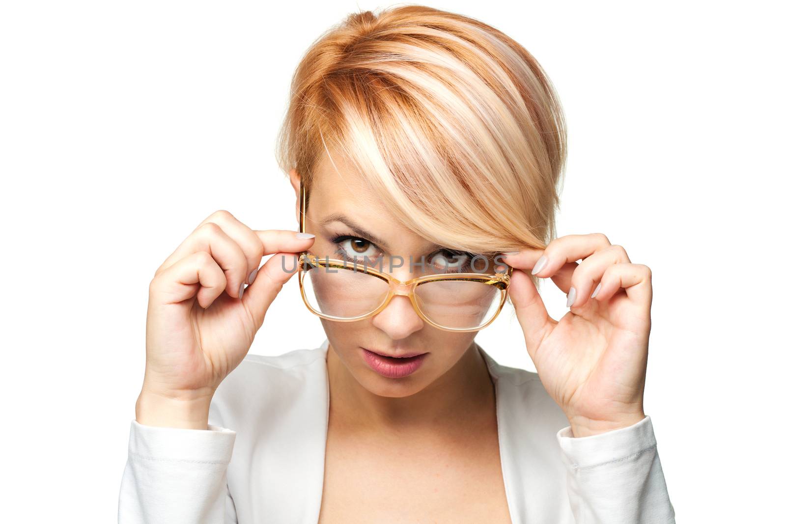 blond girl looking above glasses by kokimk