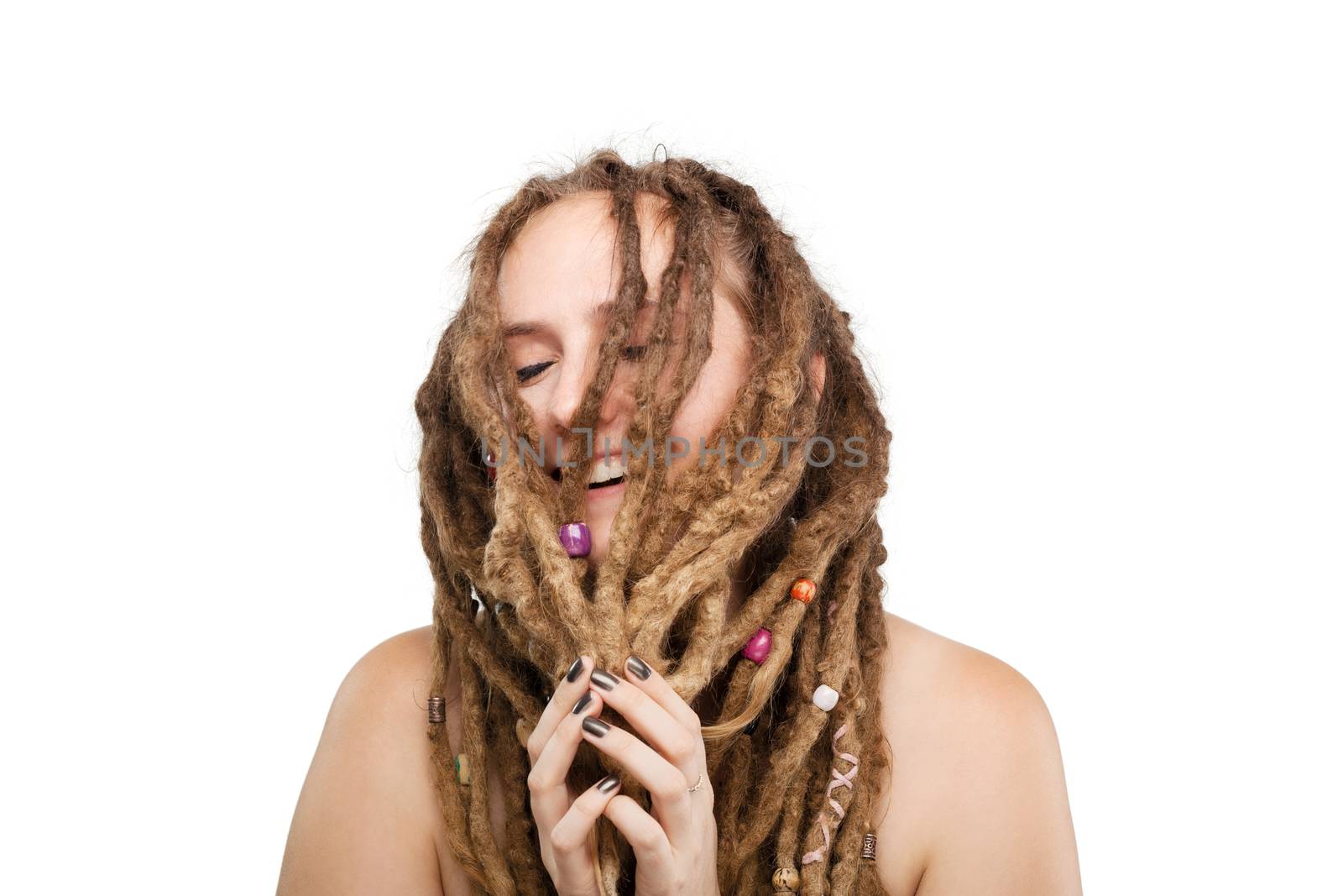 portrait of a caucasian girl with dreadlocks hairstyle