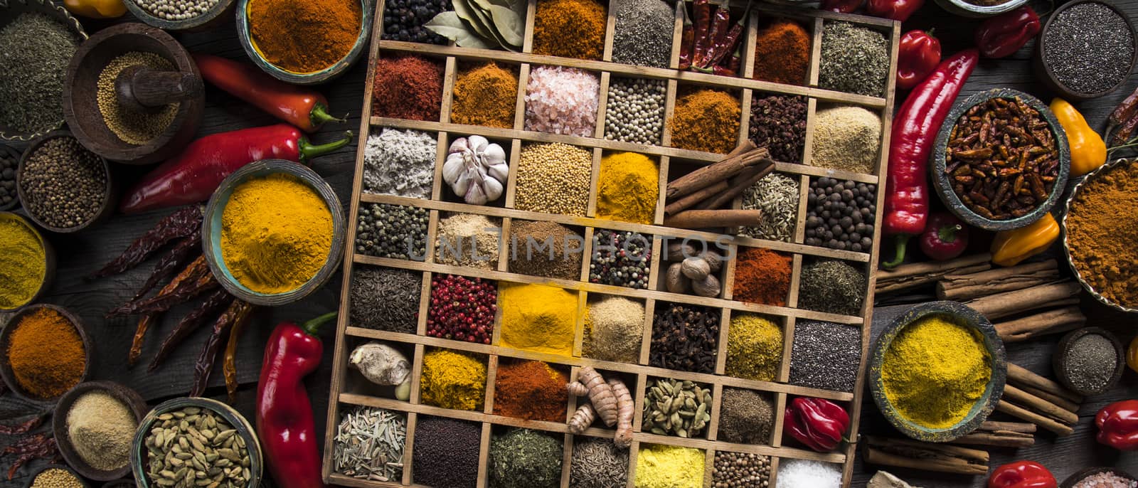 Close-up of different types of Assorted Spices in a wooden box