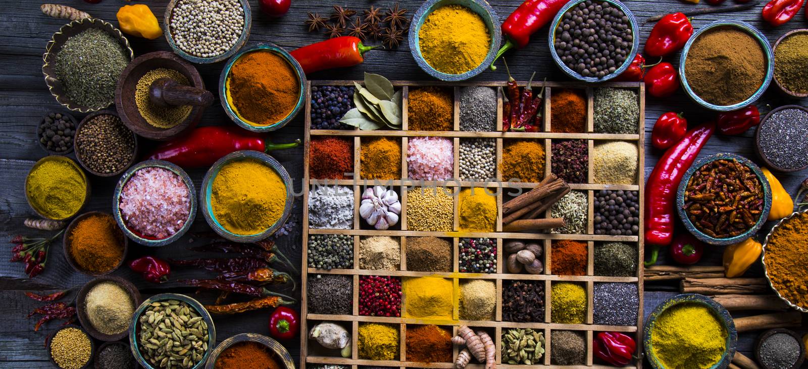 Close-up of different types of Assorted Spices in a wooden box