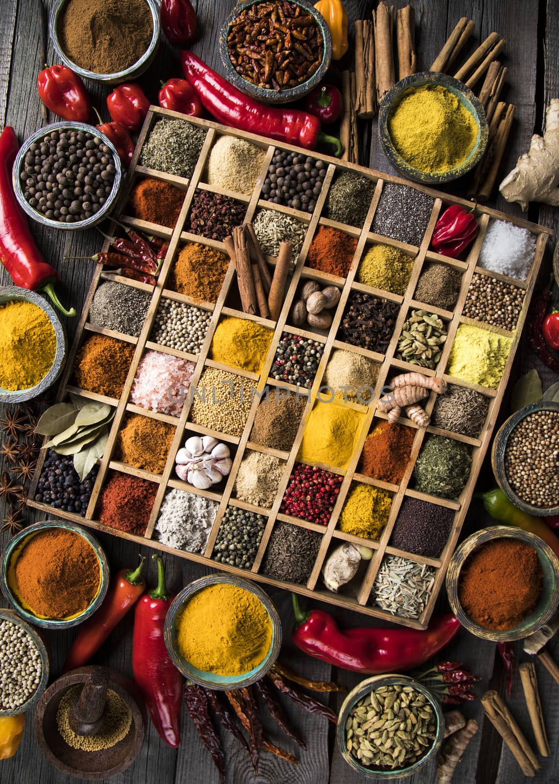 Close-up of different types of Assorted Spices in a wooden box