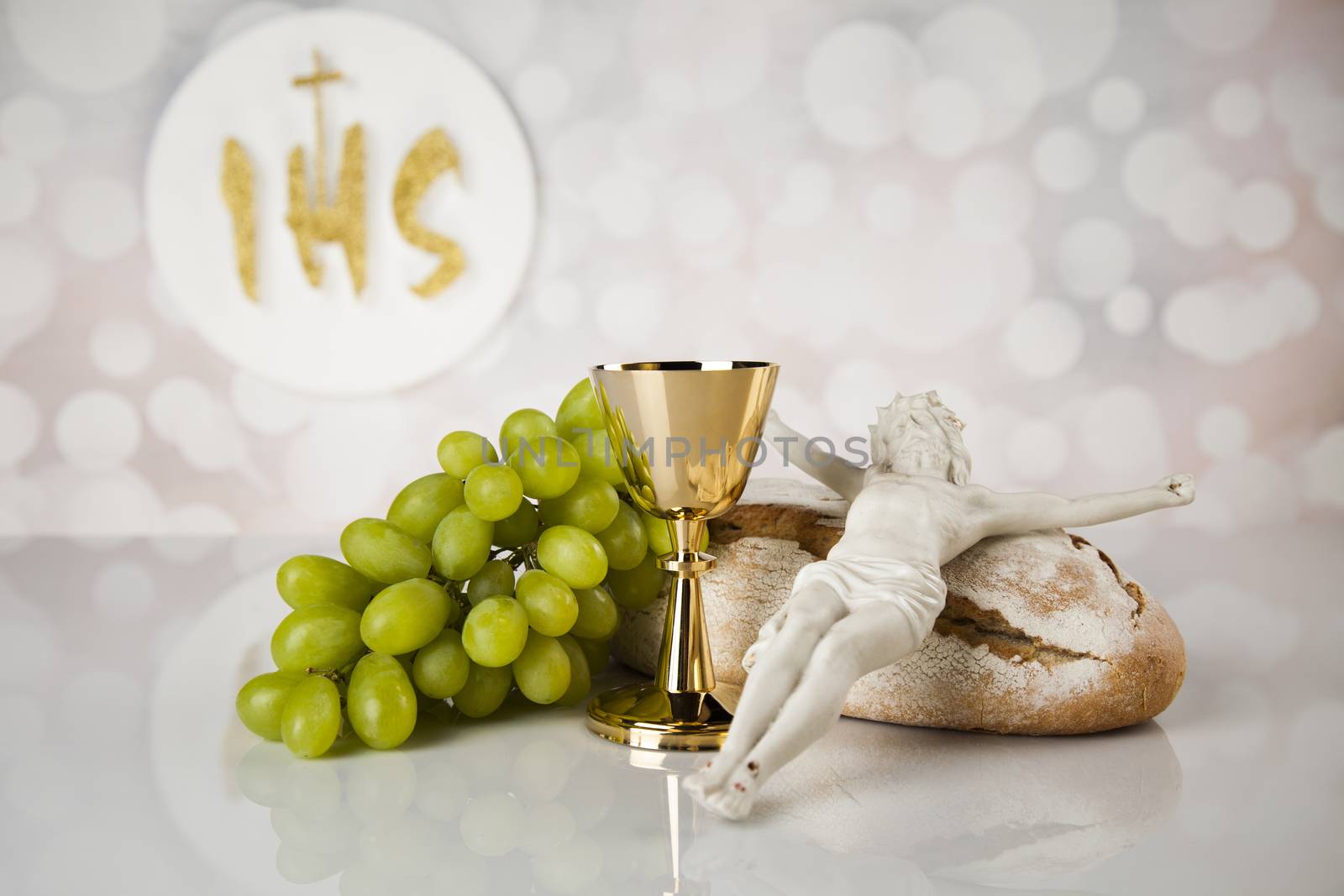 Holy communion a golden chalice, composition isolated on white by JanPietruszka