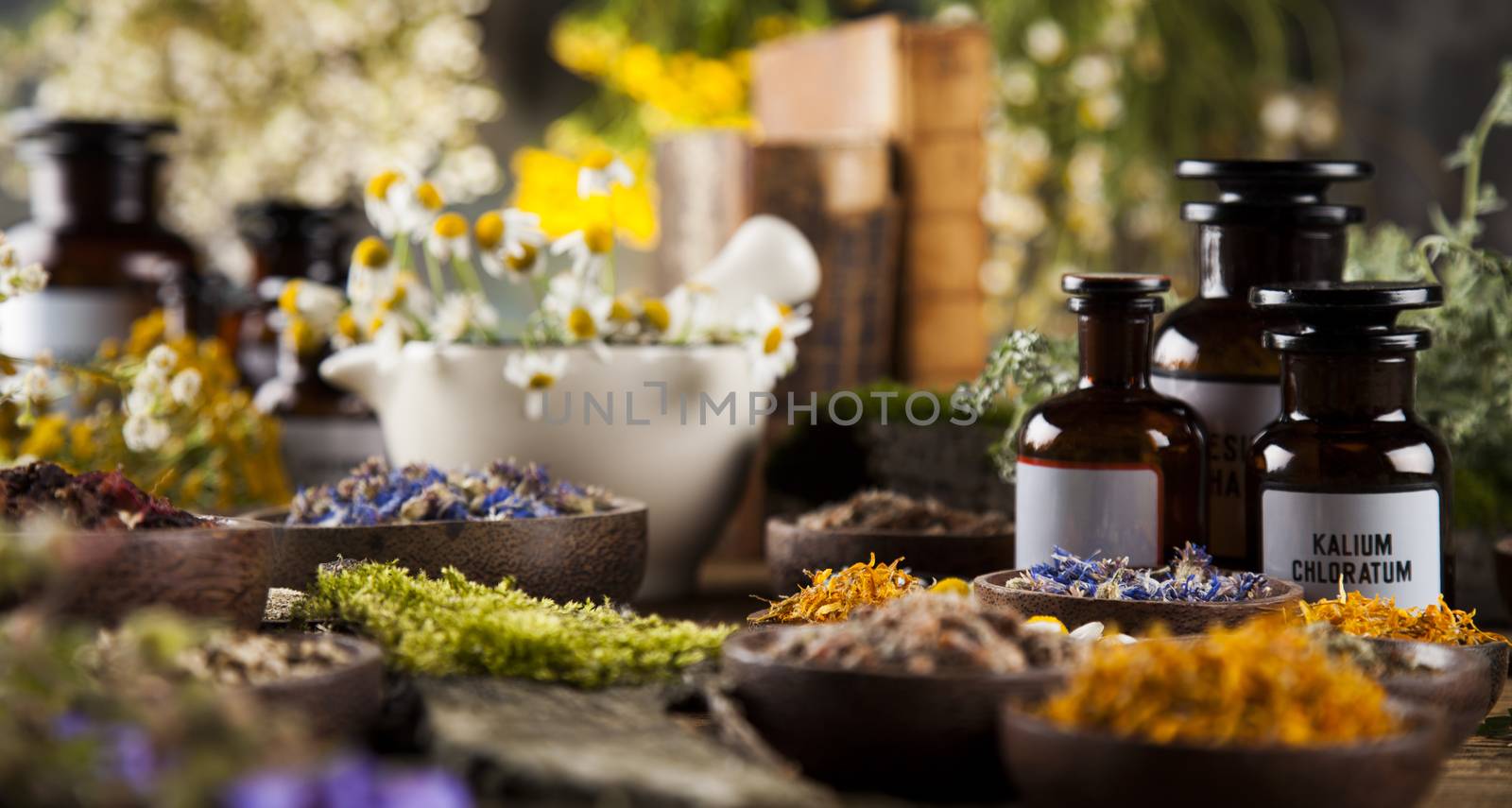 Alternative medicine, dried herbs and mortar on wooden desk back by JanPietruszka