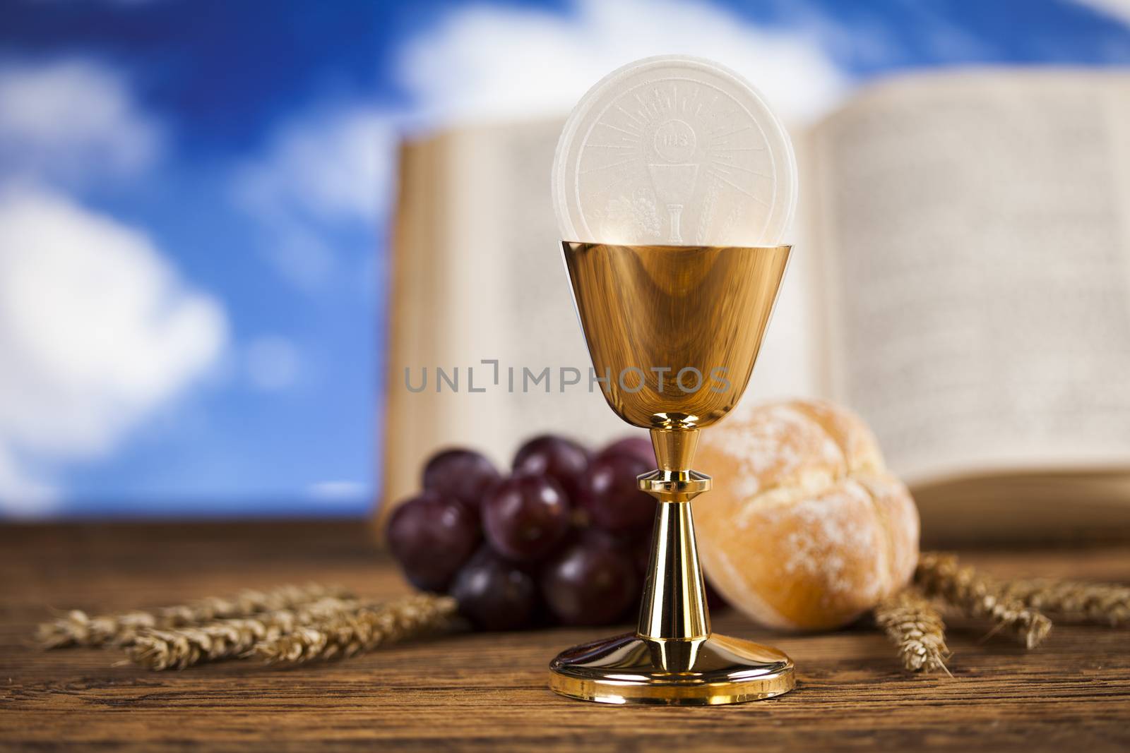 Symbol christianity religion a golden chalice with grapes and br by JanPietruszka