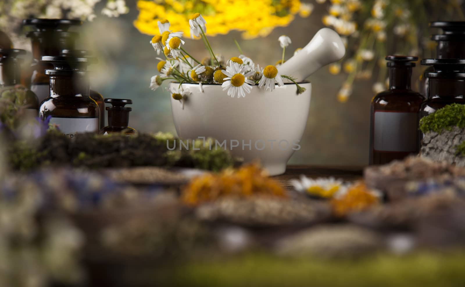 Natural medicine, herbs, mortar on wooden table background