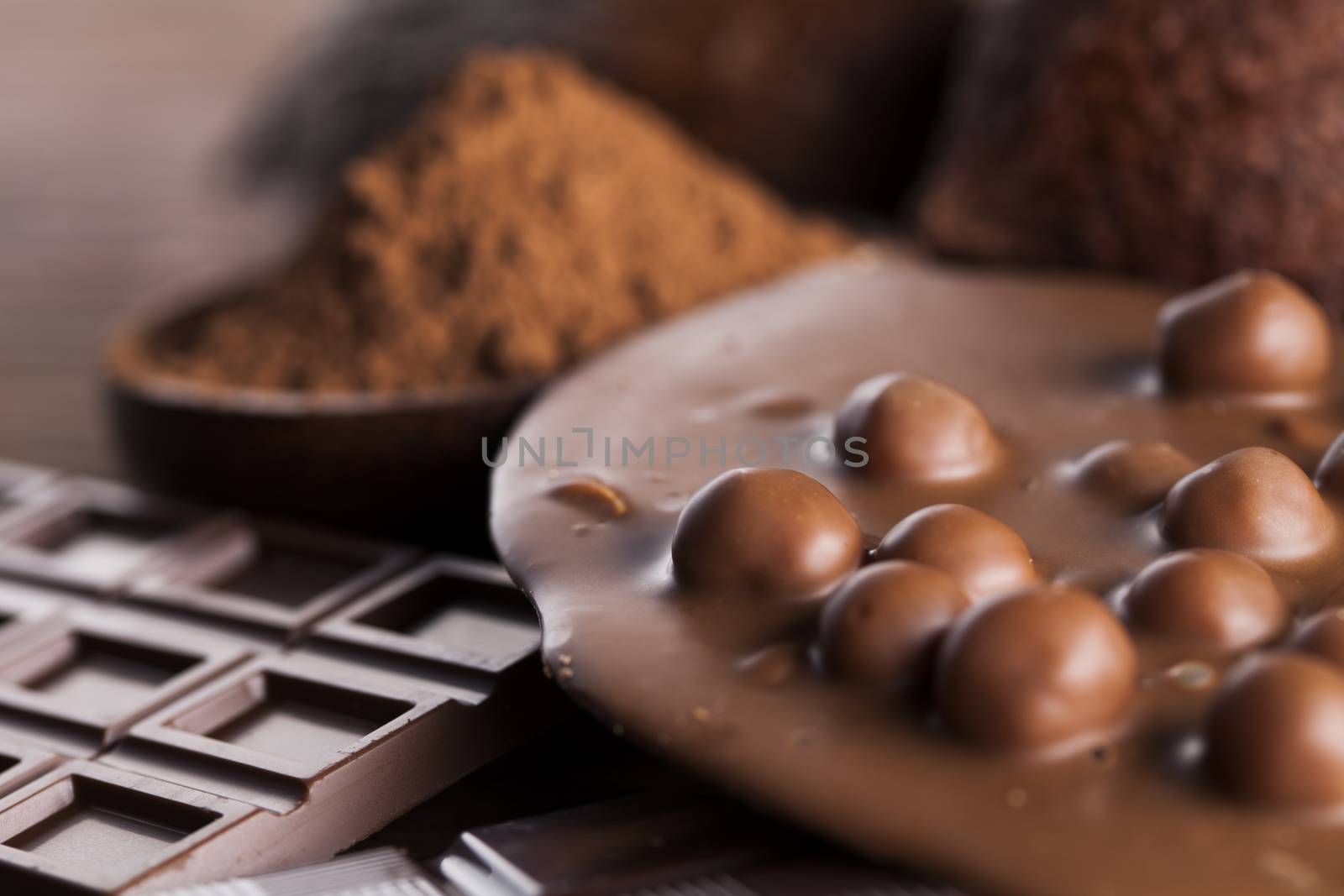 Chocolate sweet, cocoa pod and food dessert background by JanPietruszka