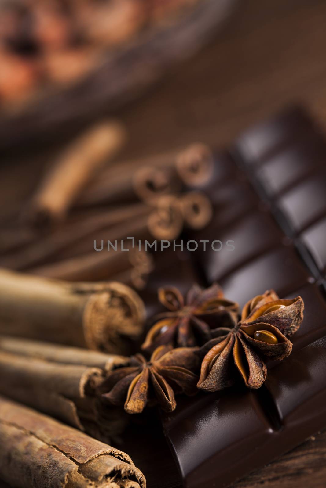 Bars Chocolate , candy sweet, dessert food on wooden background