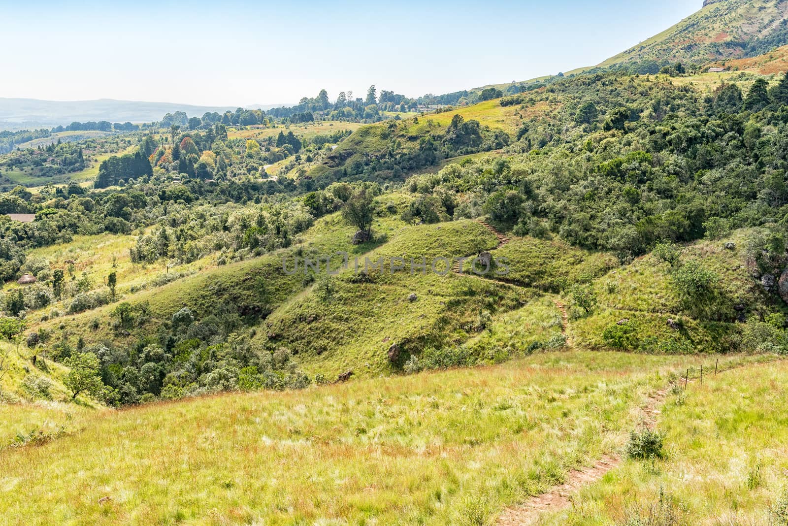 The view back to the start from the trail to Nandis waterfall near Monks Cowl in the Kwazulu-Natal Drakensberg
