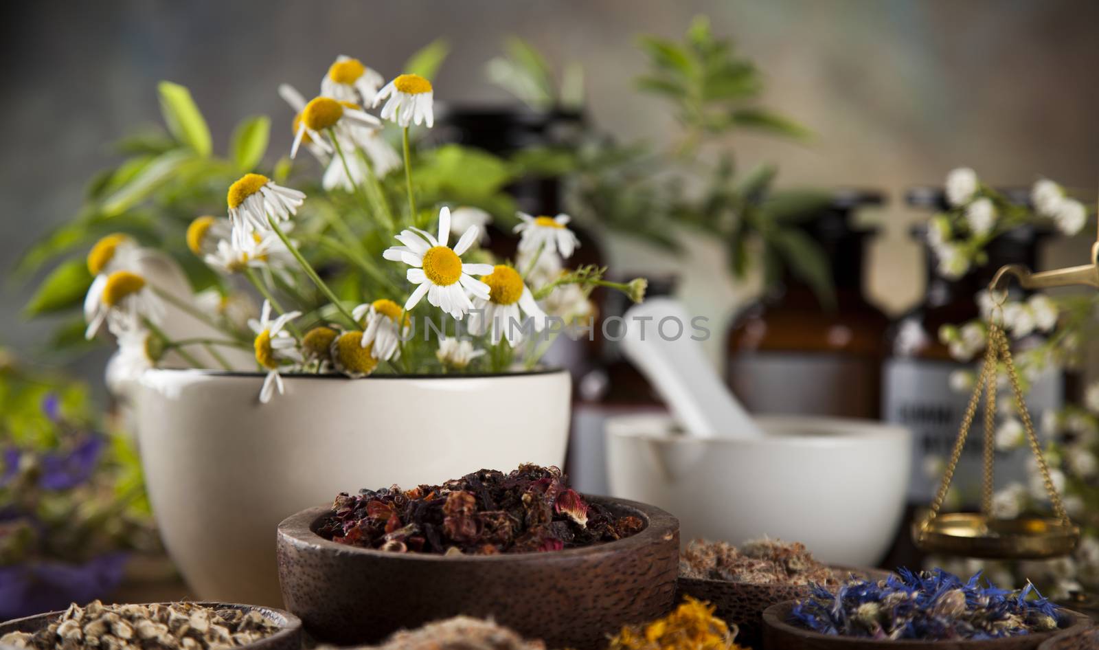 Alternative medicine, dried herbs and mortar on wooden desk back by JanPietruszka