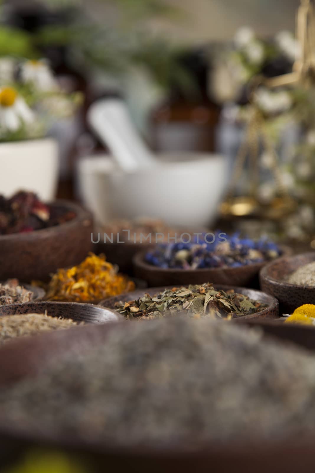 Alternative medicine, dried herbs and mortar on wooden desk back by JanPietruszka