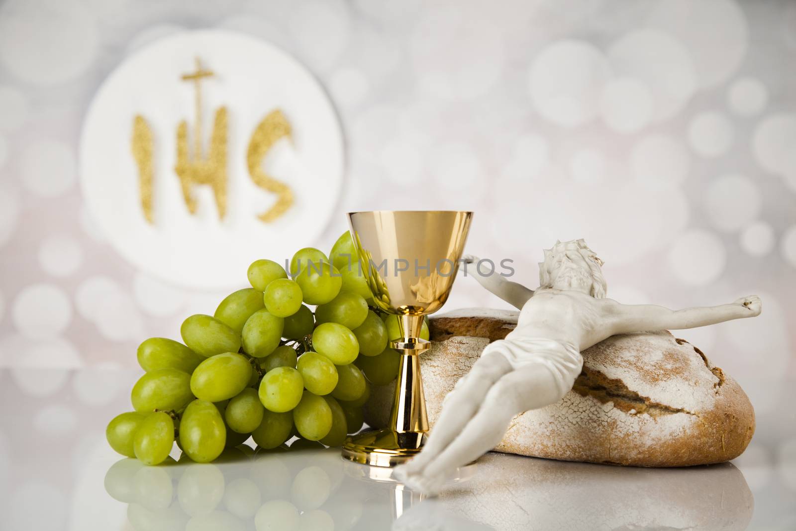 Holy communion a golden chalice, composition isolated on white by JanPietruszka