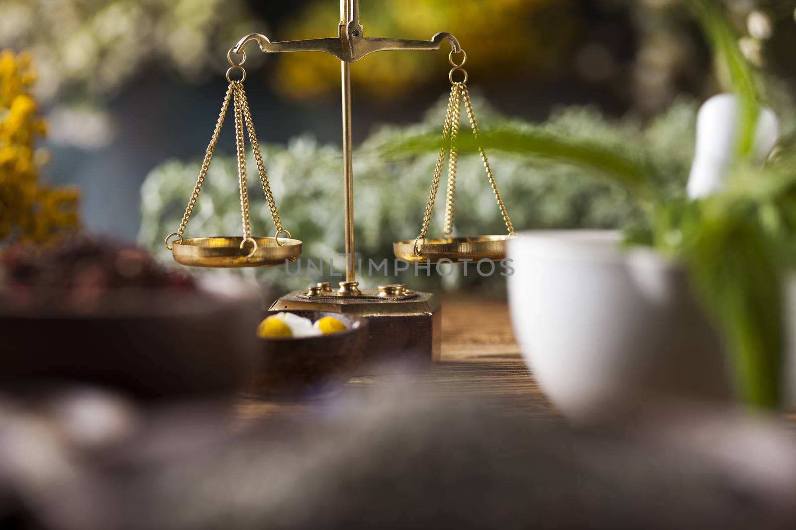 Natural medicine on wooden table background