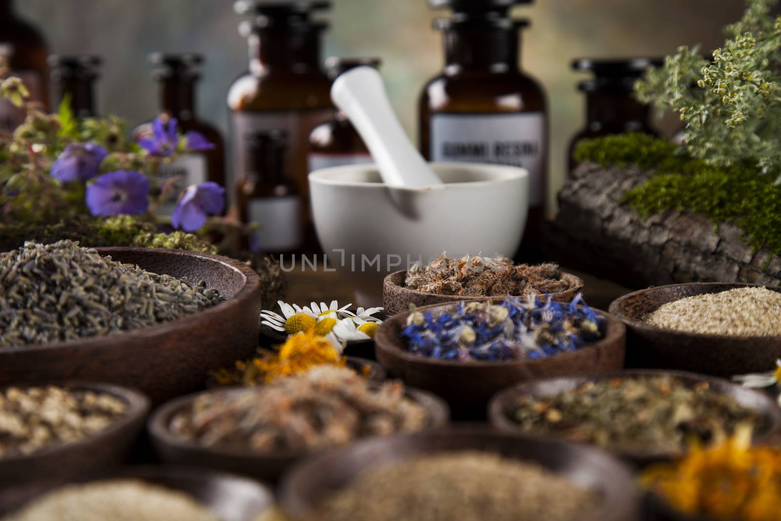 Healing herbs on wooden table, mortar and herbal medicine  by JanPietruszka