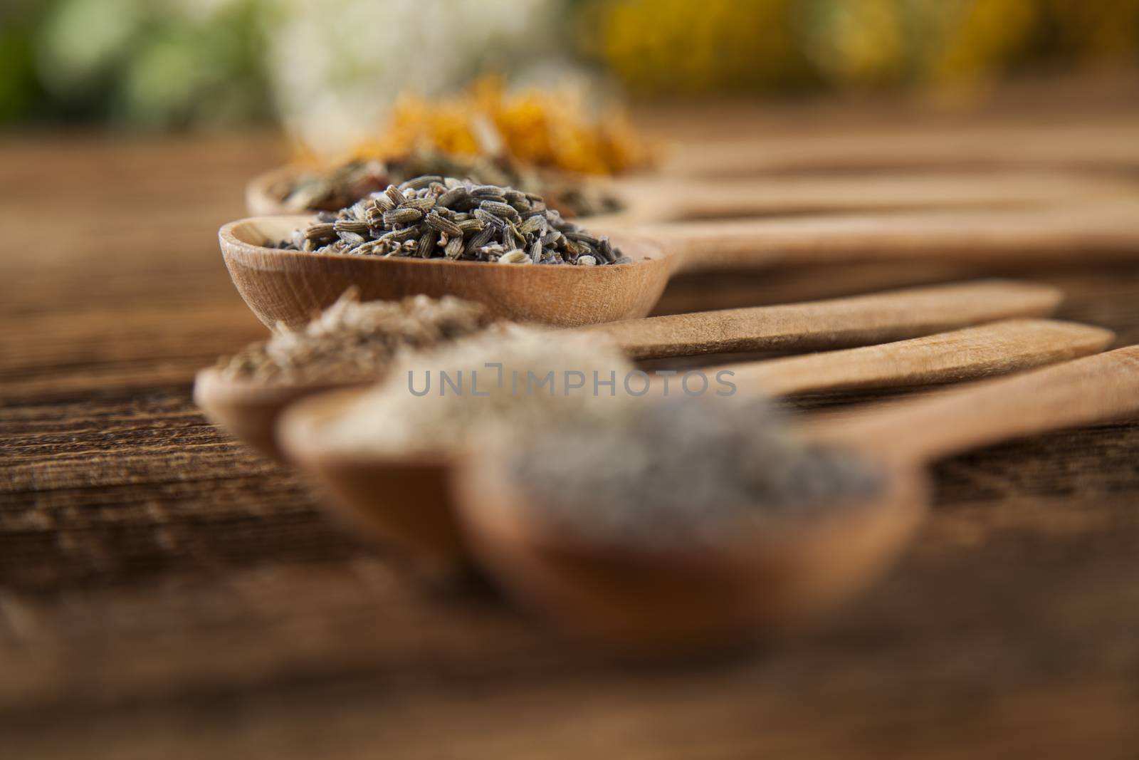 Natural medicine on wooden table background by JanPietruszka