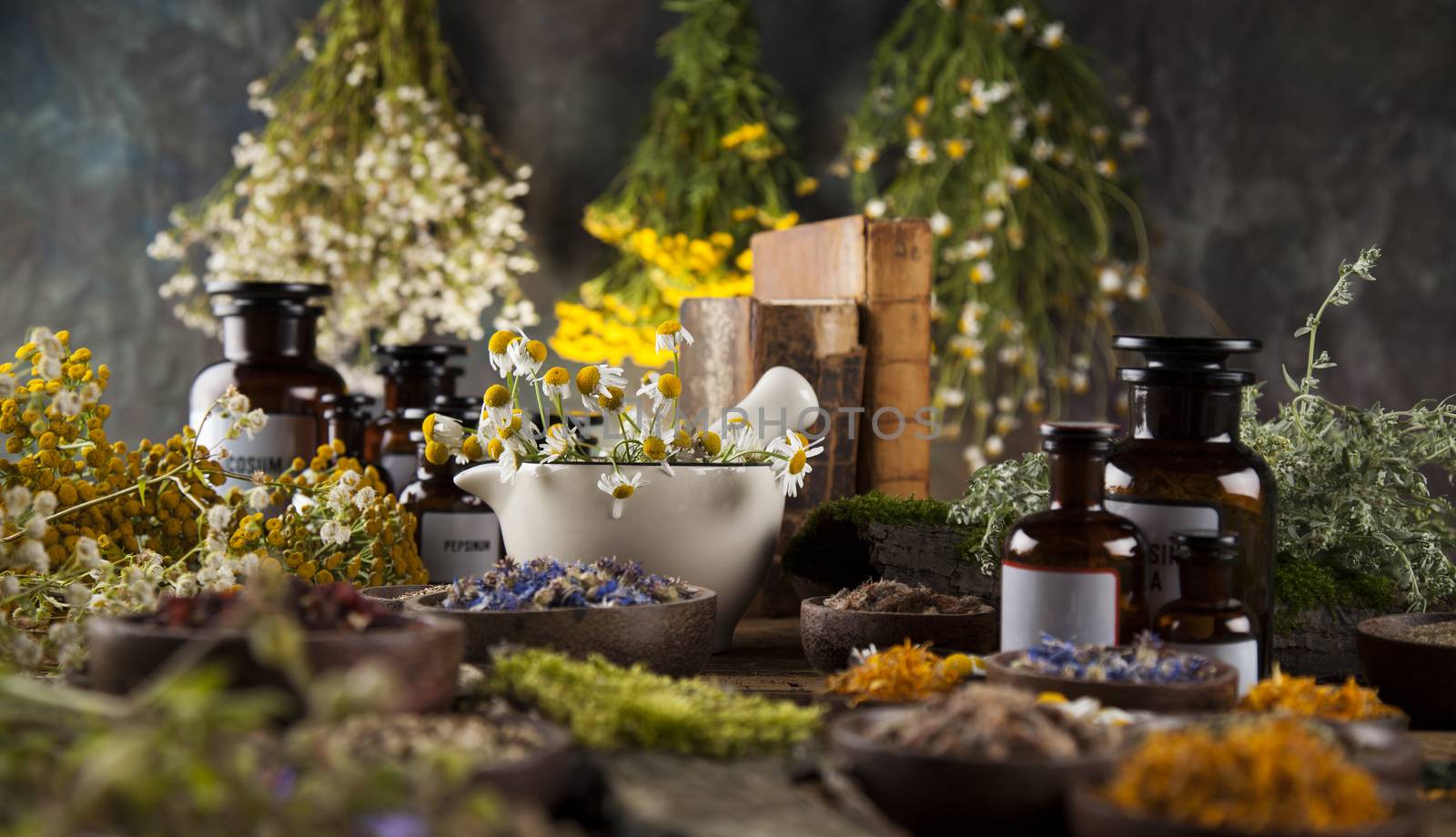 Alternative medicine, dried herbs and mortar on wooden desk back by JanPietruszka