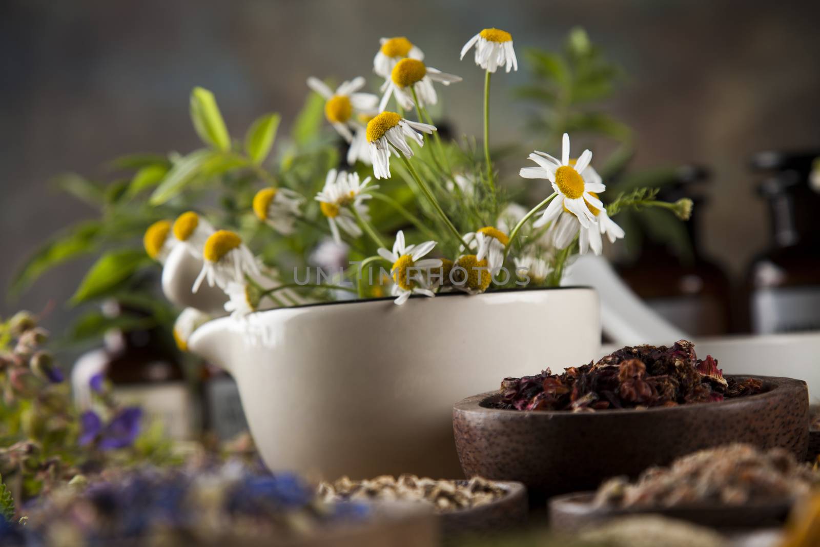 Alternative medicine, dried herbs and mortar on wooden desk back by JanPietruszka