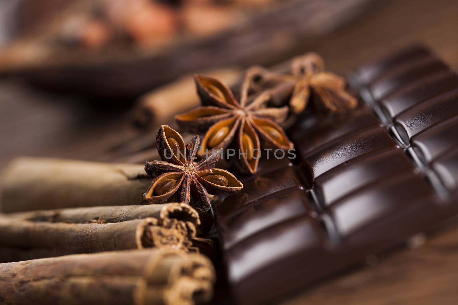 Bars Chocolate , candy sweet, dessert food on wooden background