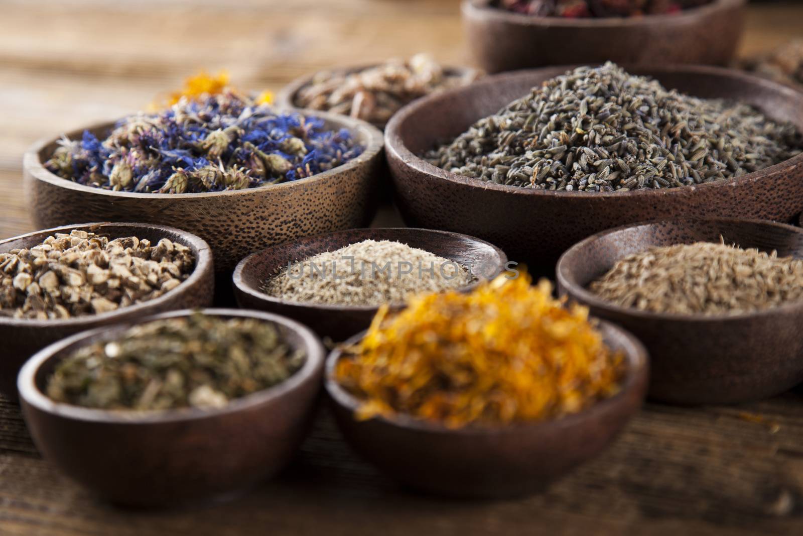 Herbal medicine on wooden desk background