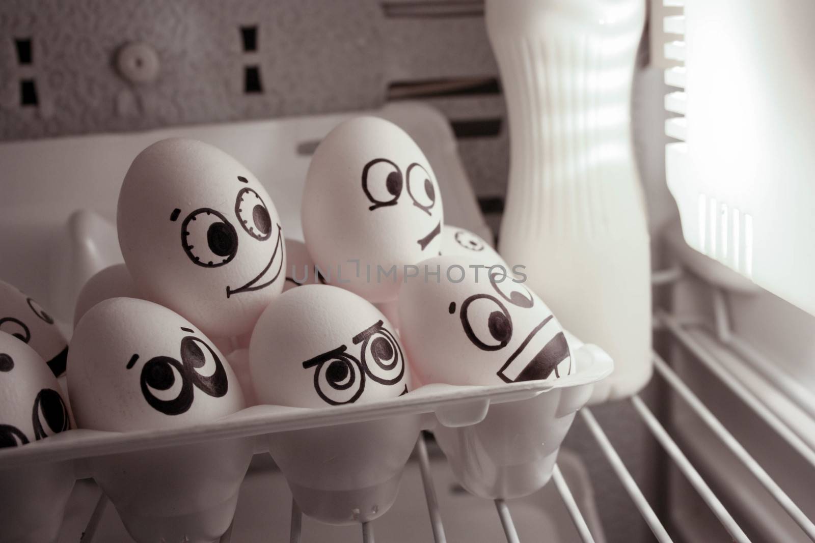 Concept of the collective. Face eggs are funny in the fridge. Photo for your design. Eggs near the light.