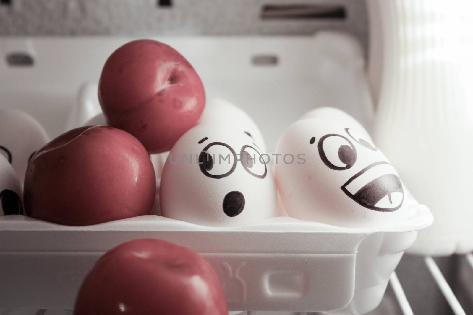 Concept of enlightening ideas. Eggs in the refrigerator near the lamp with a plum. Collective insight. Collective intellectual work. Photo for your design.