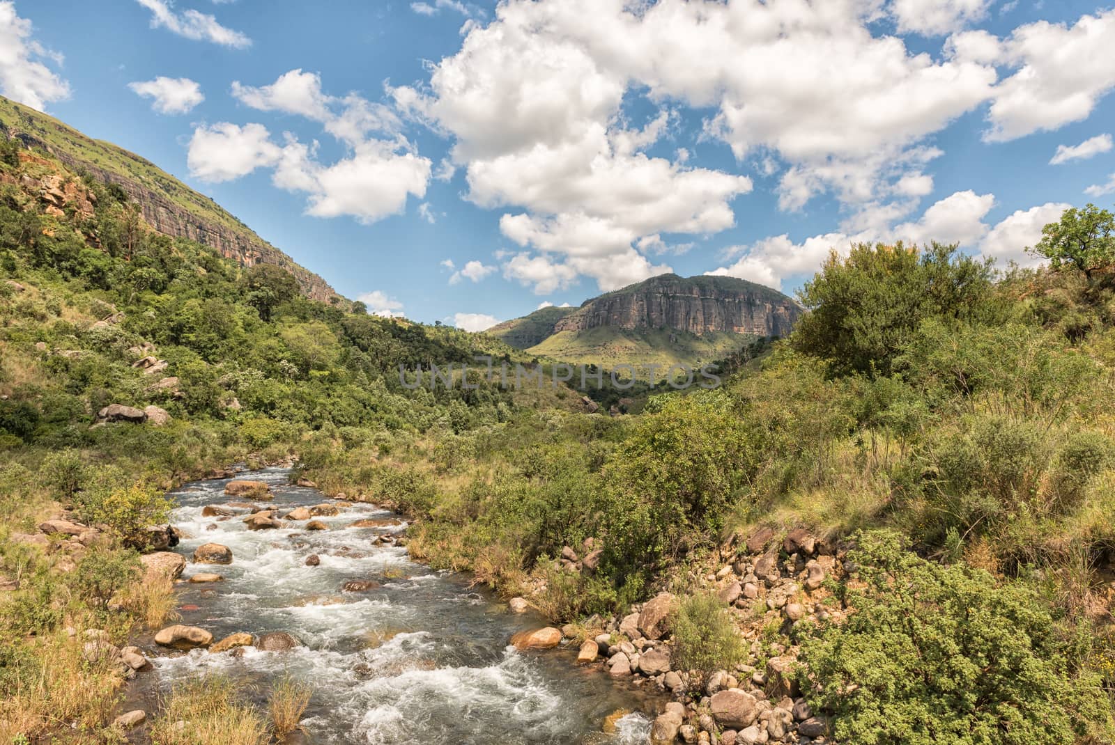 The Injisuthi river in the Kwazulu-Natal Drakensberg as seen from the road bridge near Injisuthi camp