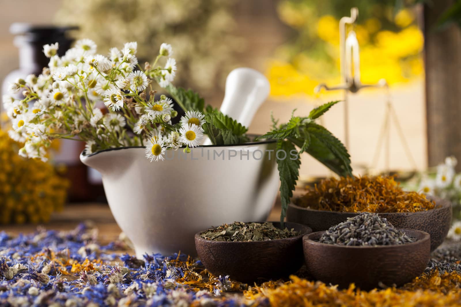 Natural medicine on wooden table background