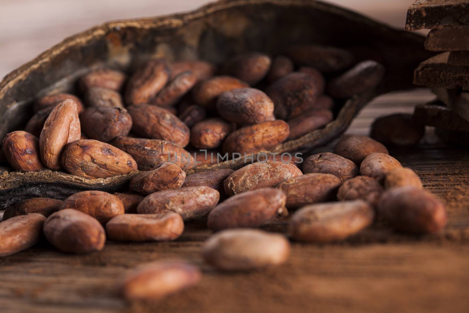 Cocoa pod on wooden background