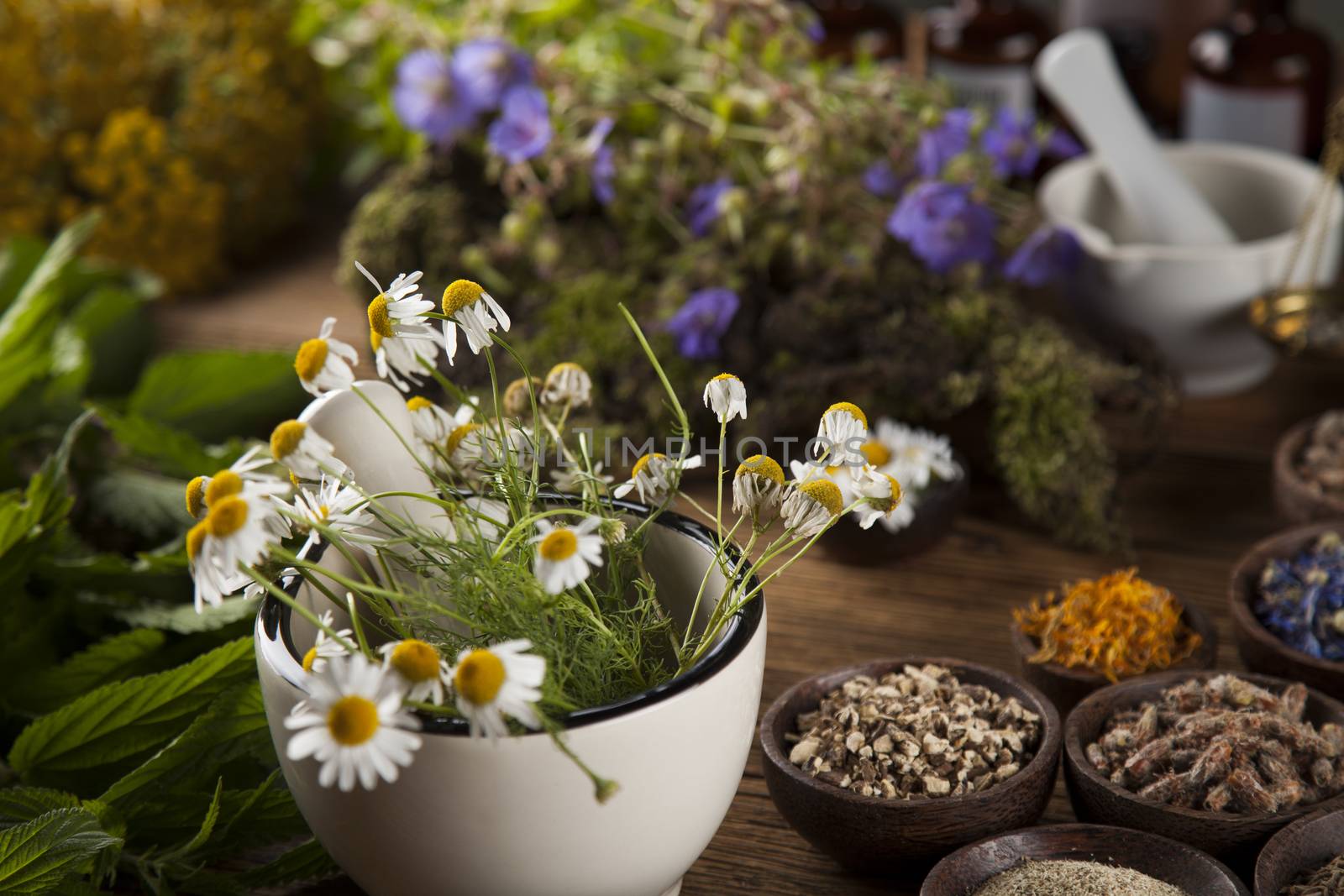 Healing herbs on wooden table, mortar and herbal medicine  by JanPietruszka