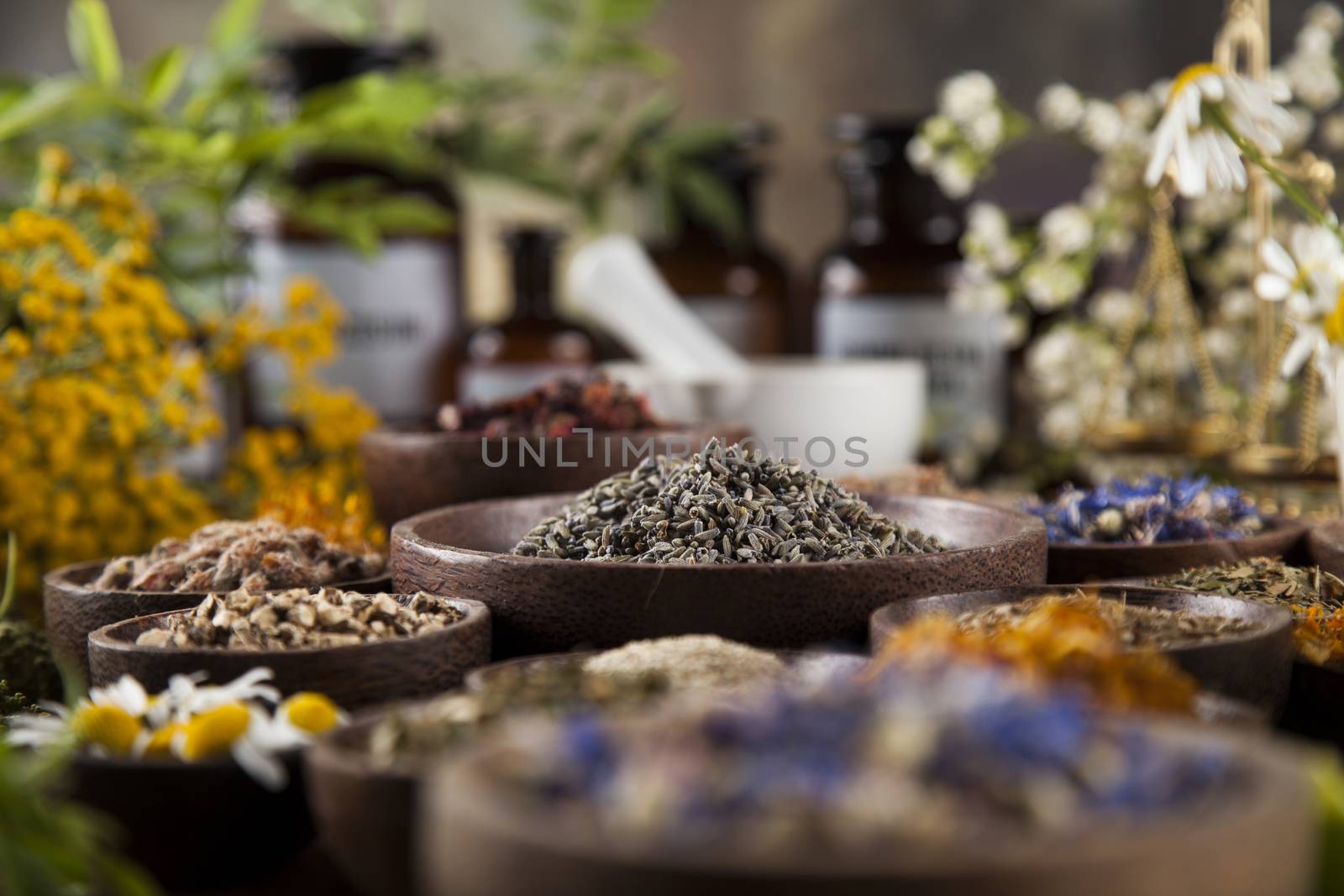 Alternative medicine, dried herbs and mortar on wooden desk back by JanPietruszka