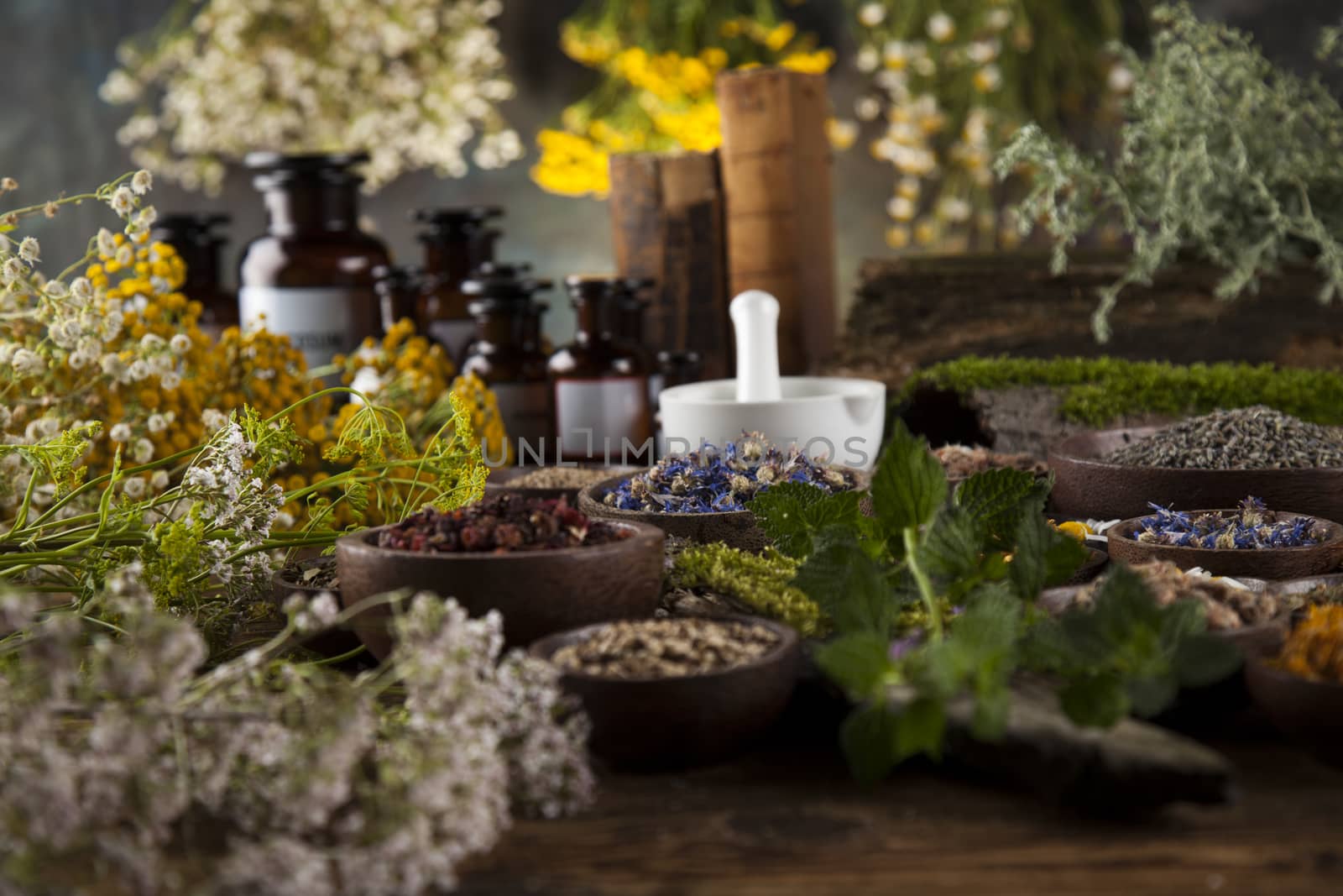 Herbs, berries and flowers with mortar, on wooden table backgrou by JanPietruszka