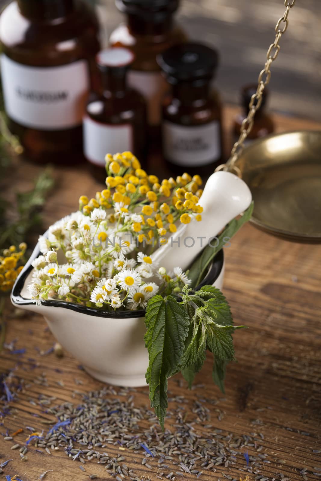 Herbs, berries and flowers with mortar, on wooden table backgrou by JanPietruszka