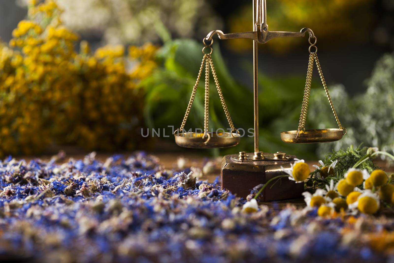 Natural medicine on wooden table background