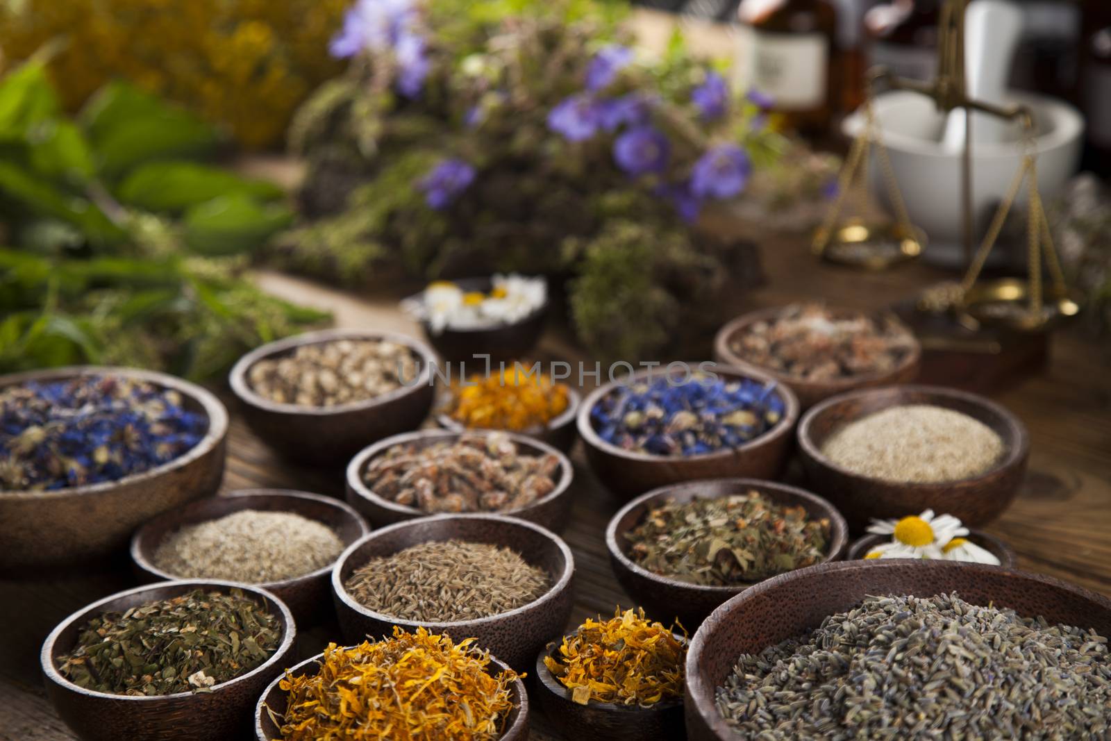 Natural medicine, herbs, mortar on wooden table background by JanPietruszka