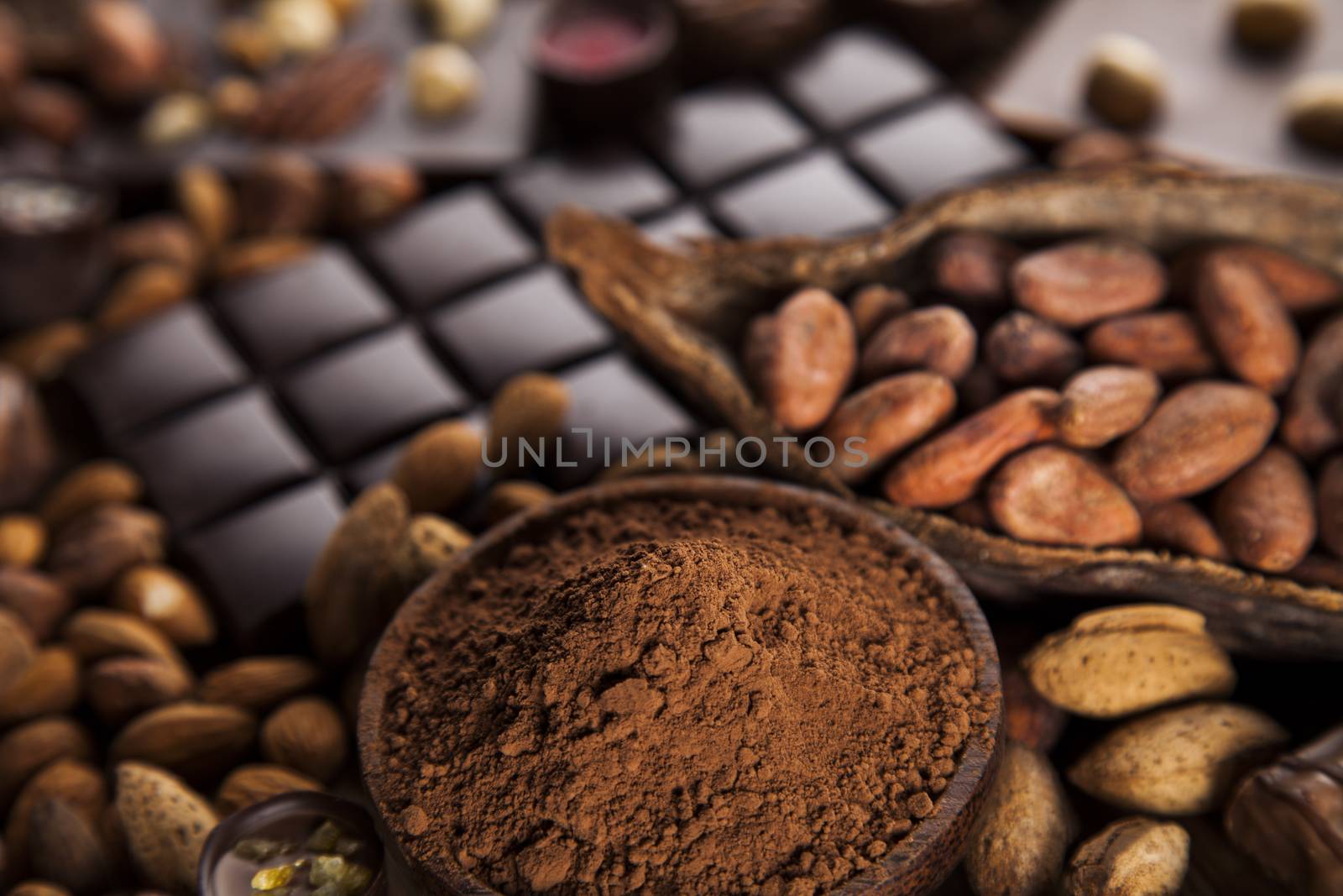 Chocolate sweet, cocoa pod and food dessert background by JanPietruszka