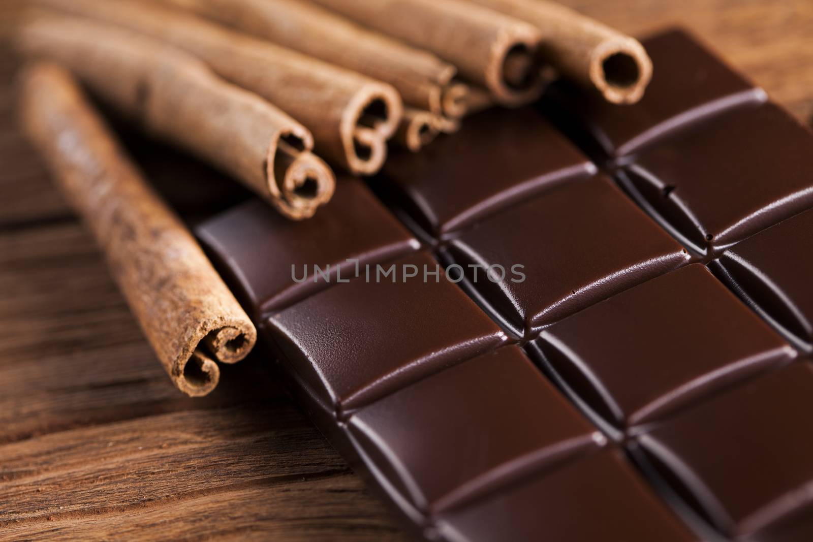 Dark chocolate with candy sweet, dessert food, cinnamon