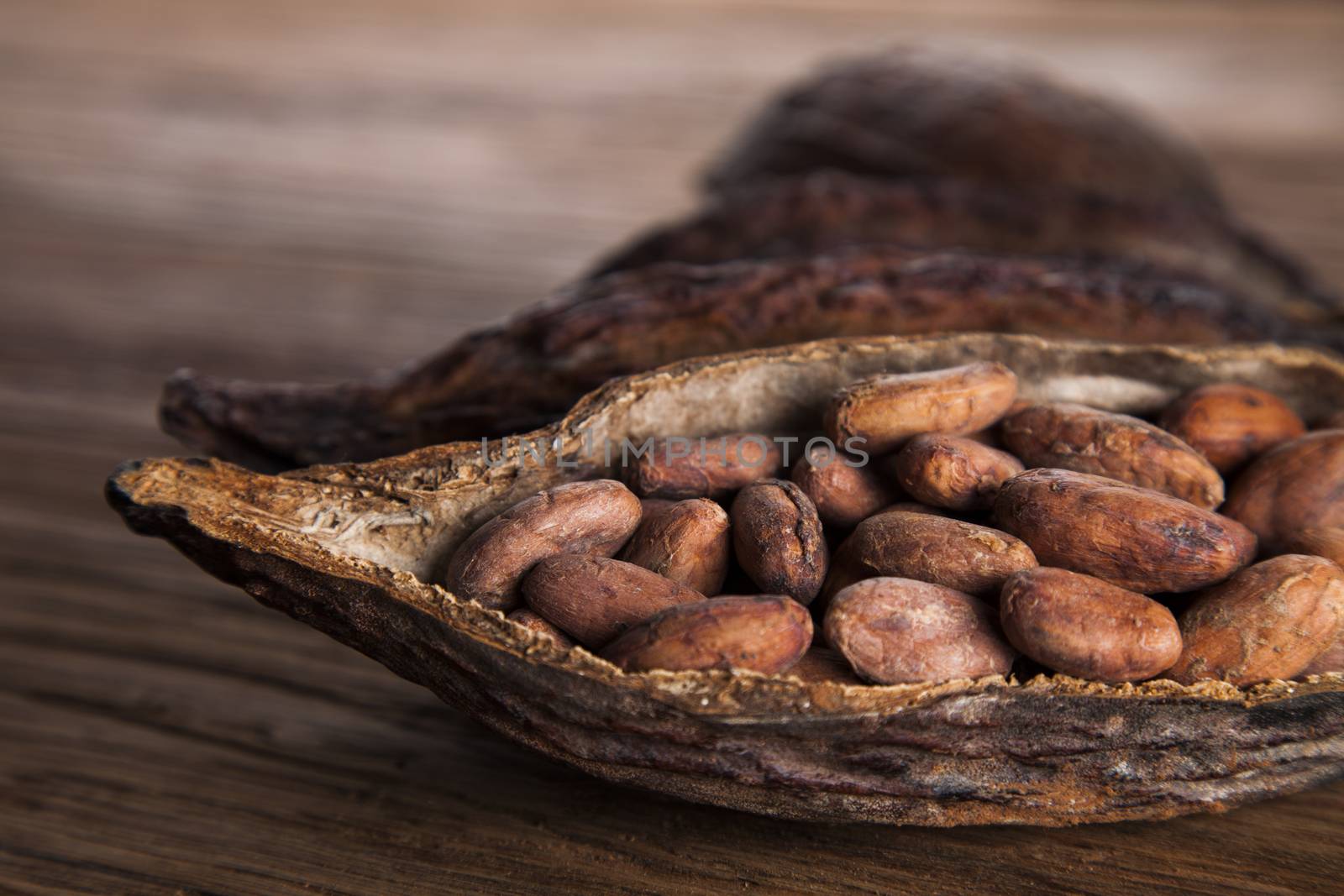 Cacao beans and powder and food dessert background by JanPietruszka