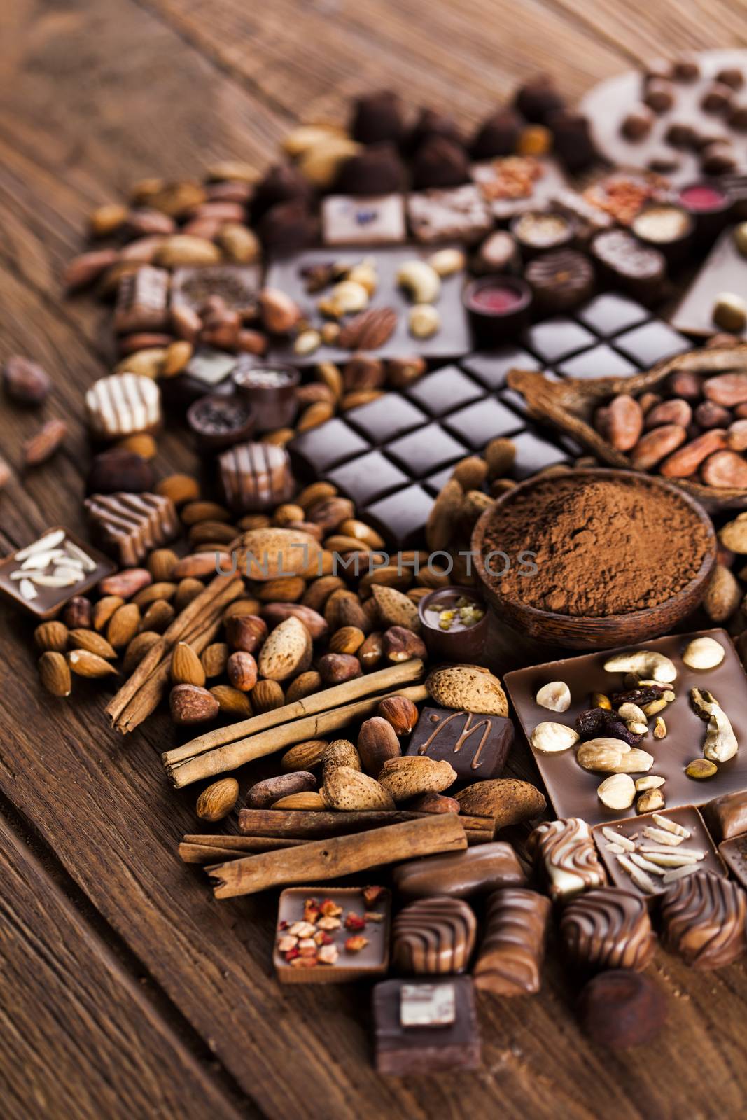 Aromatic cocoa, powder and Dark chocolate background