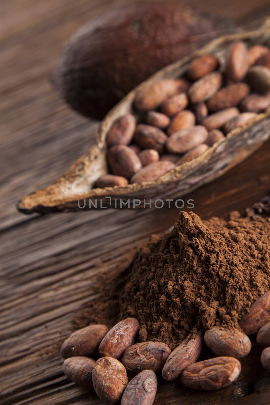 Cacao beans and powder and food dessert background by JanPietruszka