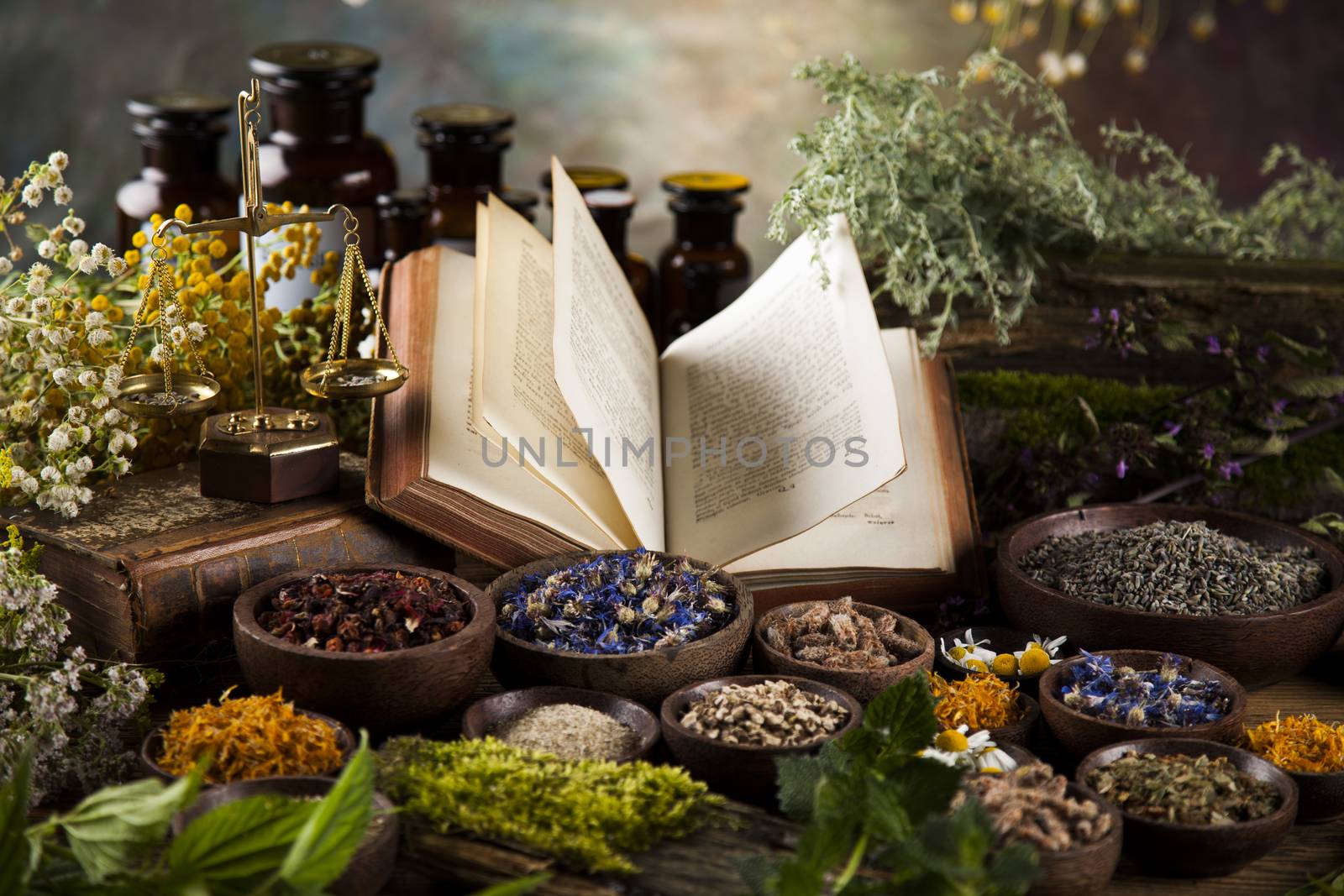 Herbal medicine and book on wooden table background by JanPietruszka