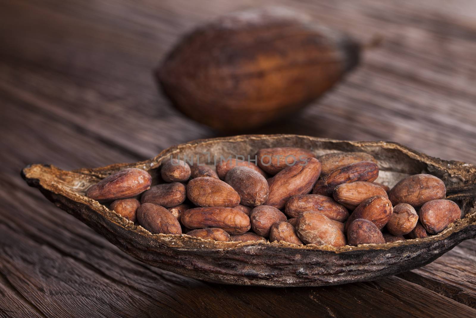 Cocoa pod on wooden table