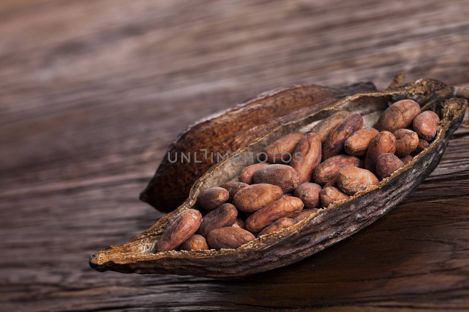 Cocoa pod on wooden table