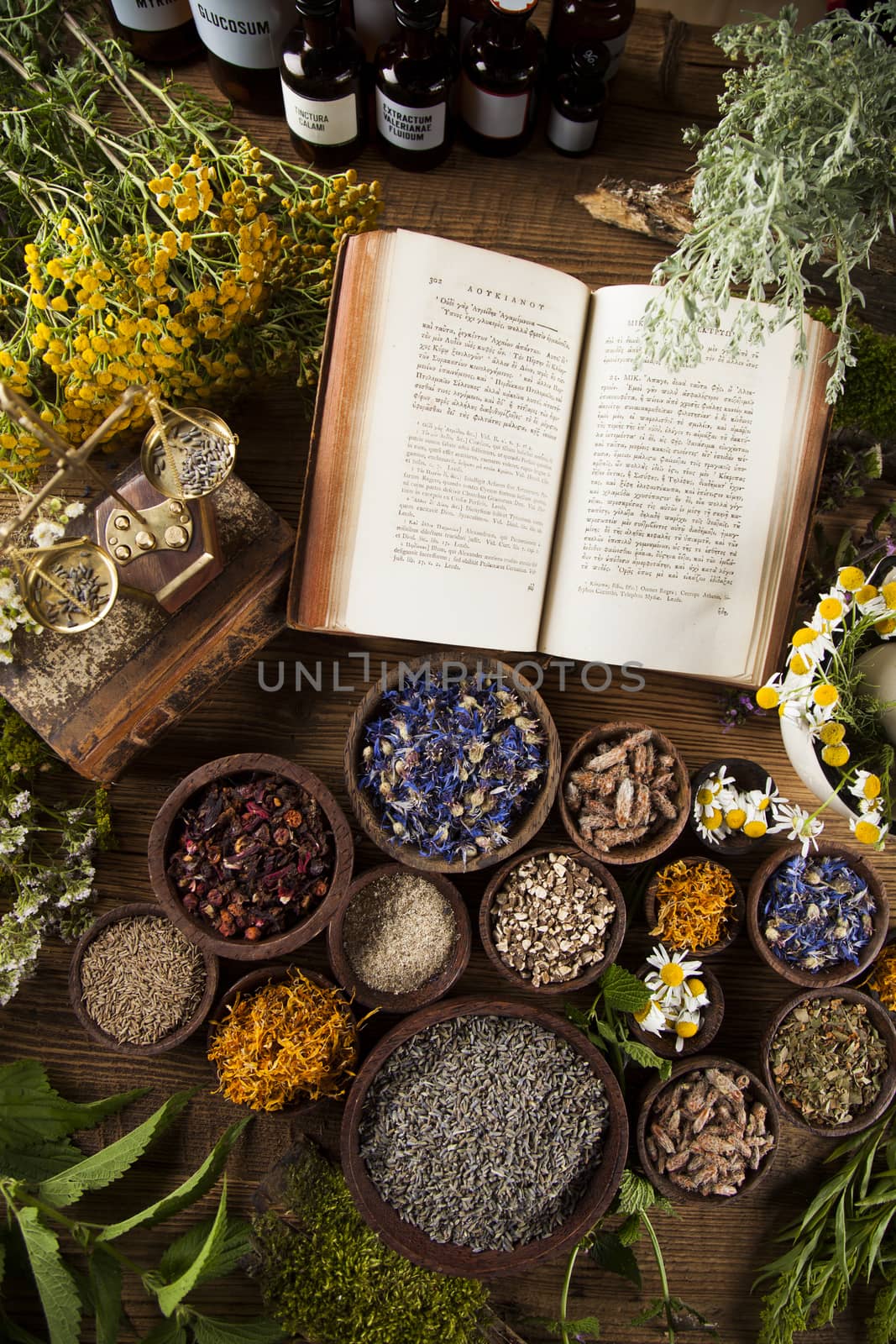 Natural medicine on wooden table background