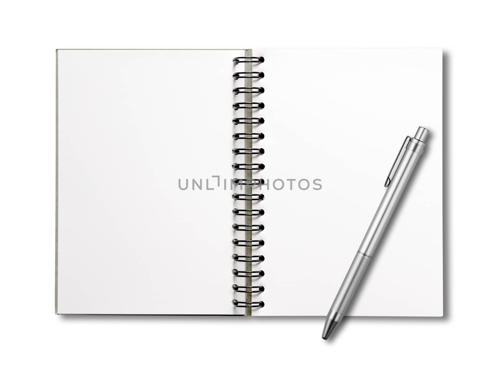 Blank open spiral notebook and pen isolated on white by daboost