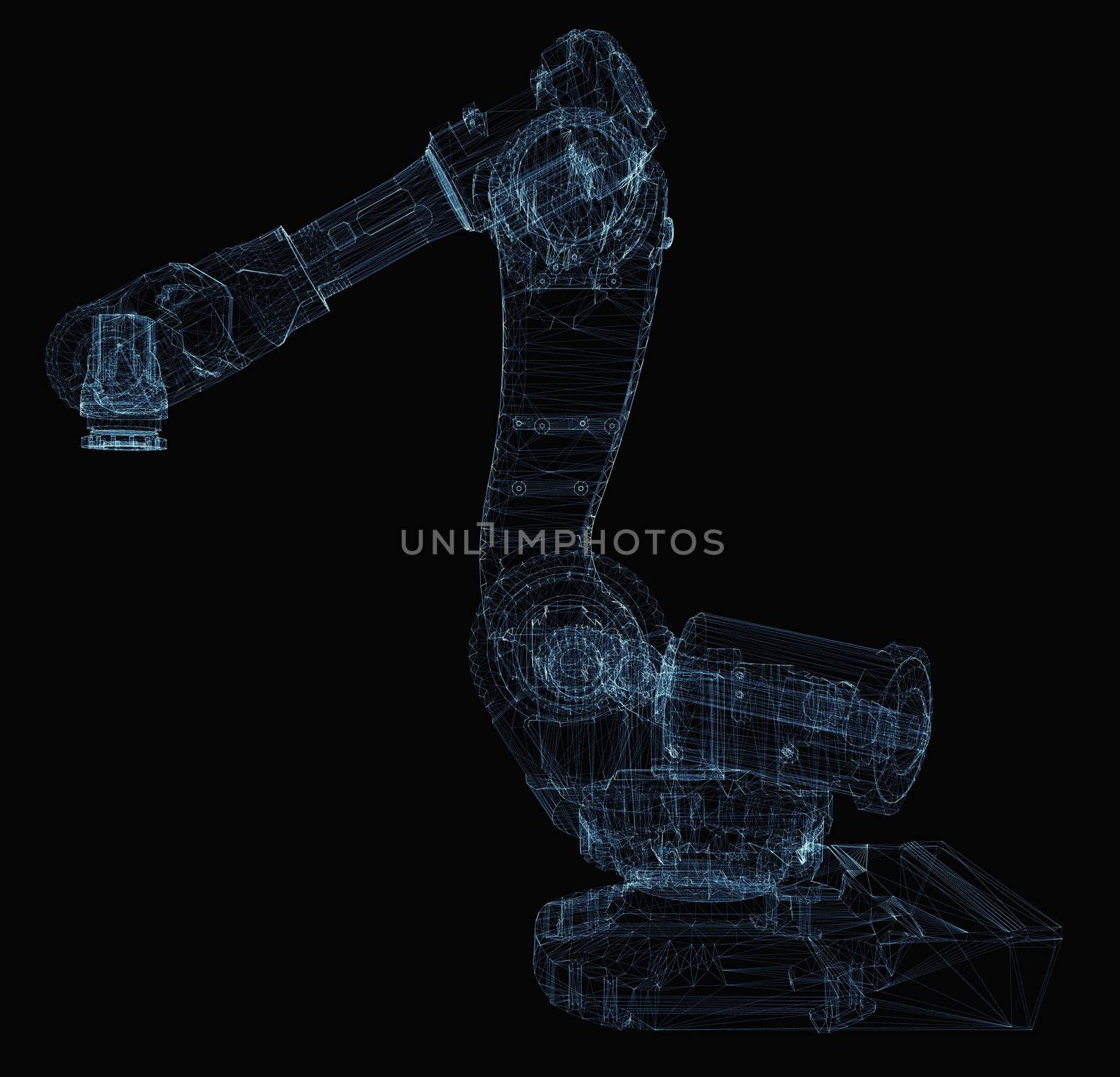 Industrial robot arm consisting of luminous lines and dots. 3d illustration on a black background